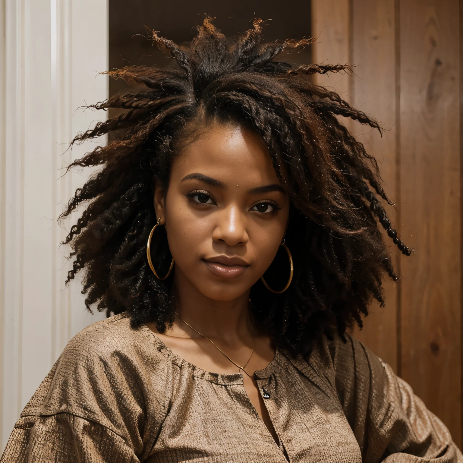 Mulher brasileira negra de cabelo afro preso usando roupas na cor marsala 