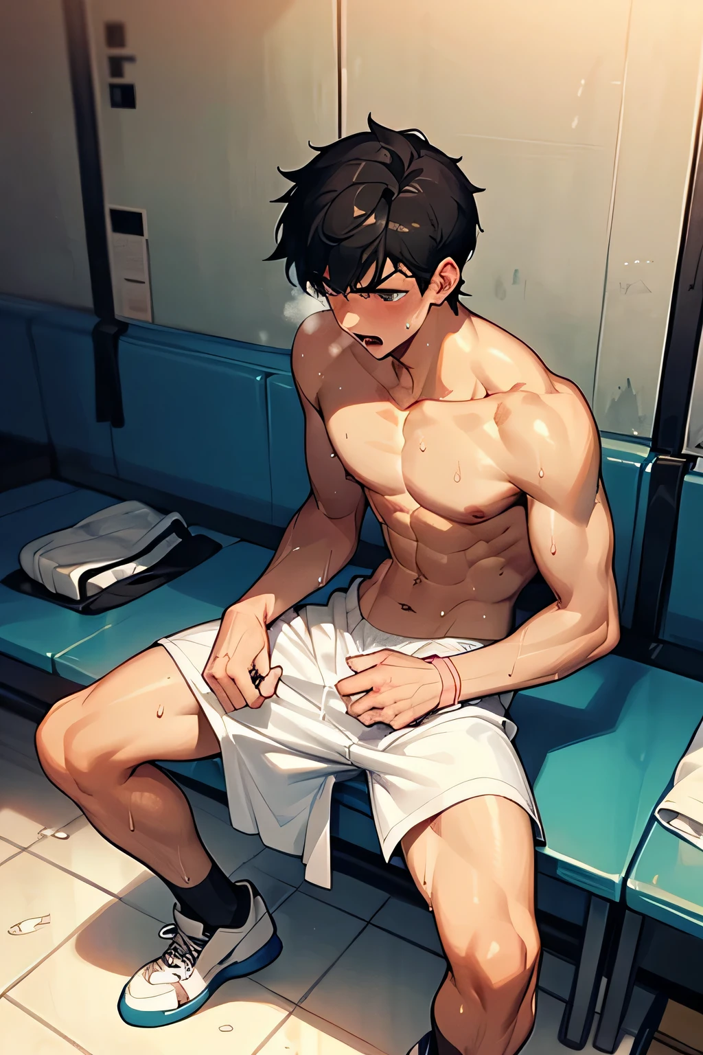 shirtless, super muscular, sweat-drenched body, dripping with sweat, 22-year old short black hair handsome caucasian male wearing sweat-drenched white basketball shorts and rubber shoes, panting, very exhausted, drenched with sweat, sweating profusely, shirtless, sitting on the bench, bottled water, towel, in the locker room