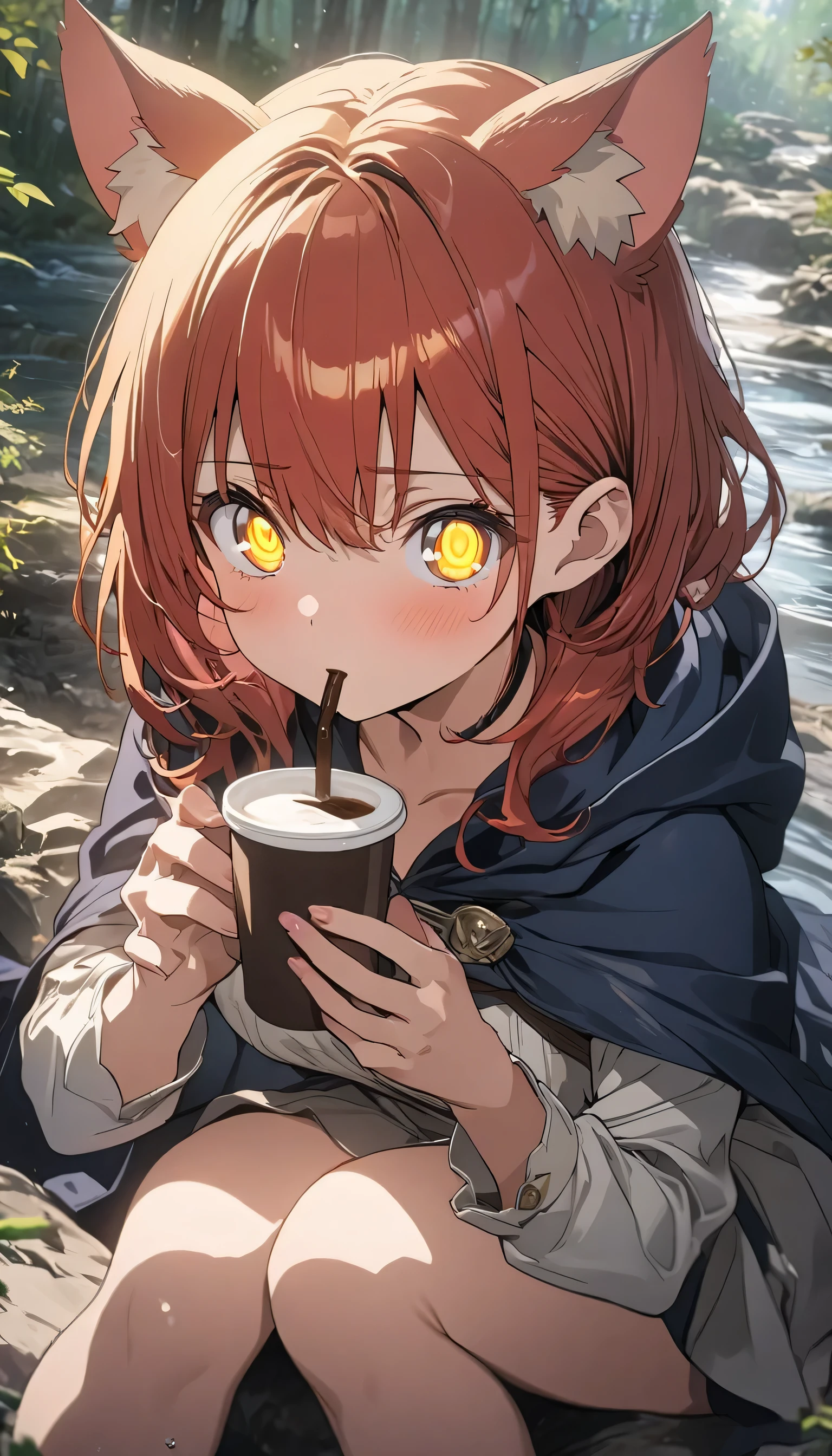 8K, (highest quality、masterpiece、High resolution、detailed), (anime:1.4), (Shining eyes、detailed beautiful face), BREAK, 1 girl, redhead, animal ears, blue hooded cape, ears are sticking out, Pause: sitting on a rock in the forest river, yellow eyes,  Drinking espresso、