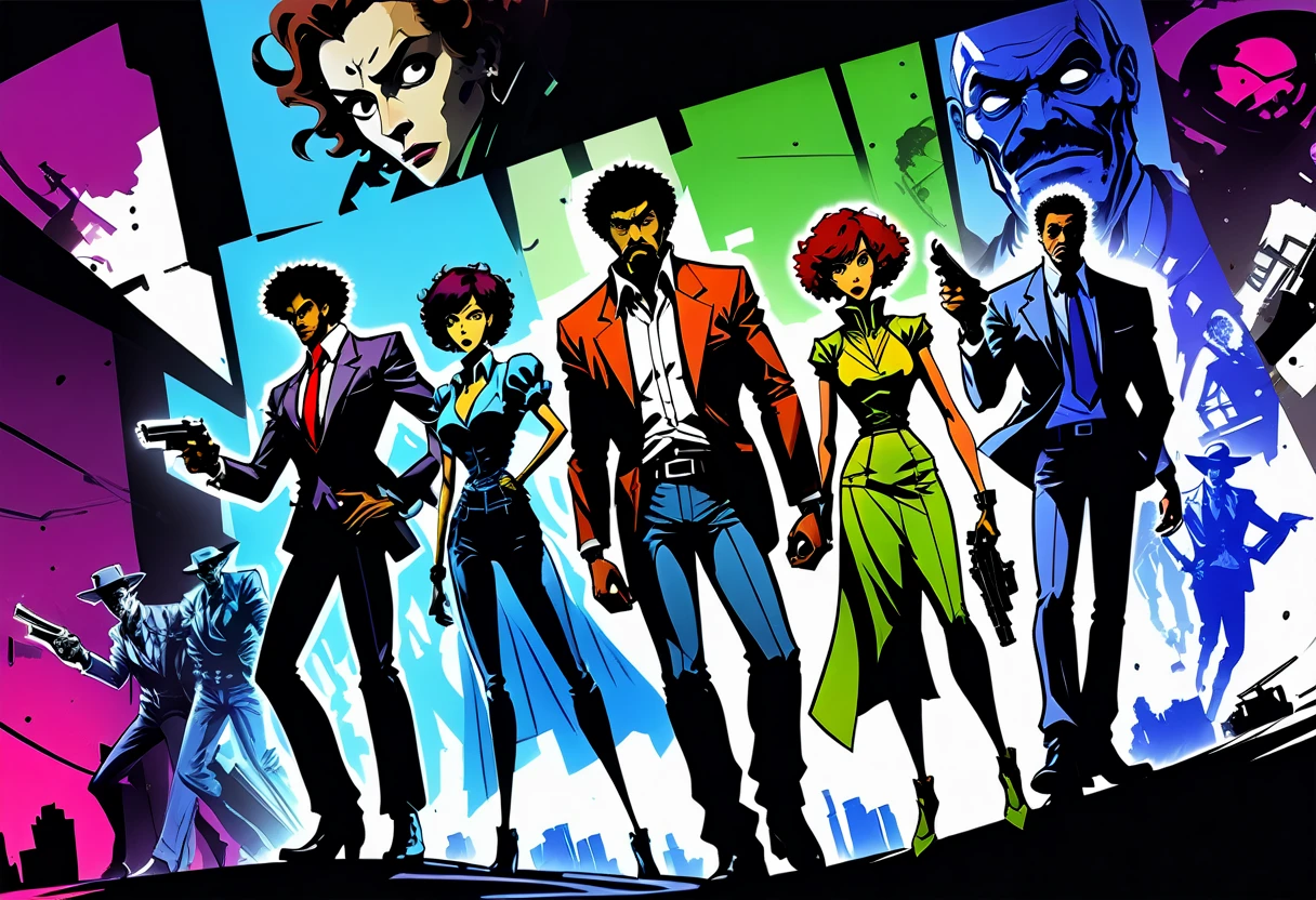 illustrate, cross hatching, dutch angle, hand drawn, expressive ink bold lines, joelle jones style reference, Cowboy Bebop cover art, wordless, splash page, decompressed comic, Duo dancing a vile stanky boogie, excessive exaggerated dancing, Jet Black and grim reaper claptrap black, from Cowboy Bebop blend with borderlands, rotoscope realism, multiple exposure, double exposure, cinematic poster, film poster,