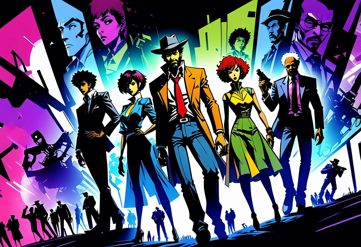 illustrate, cross hatching, dutch angle, hand drawn, expressive ink bold lines, joelle jones style reference, Cowboy Bebop cover art, wordless, splash page, decompressed comic, Duo dancing a vile stanky boogie, excessive exaggerated dancing, Jet Black and grim reaper claptrap black, from Cowboy Bebop blend with borderlands, rotoscope realism, multiple exposure, double exposure, cinematic poster, film poster, 
