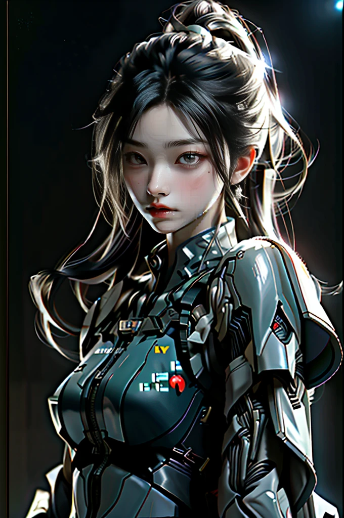 (best quality, 8k, highres, masterpiece:1.2), ultra-detailed, (realistic:1.37), (A half-length photo), (portrait), Unreal Engine 5 rendering works, (Future girl), (female warrior), 22-year-old young hacker, (ancient oriental hairstyle), (Beautiful eyes full of details), (big breasts), eye shadow, Elegant and charming, indifferent, (frown), Combat suit full of futuristic technology, The costume combines futuristic power armor and, Clothing is decorated with glittering patterns and emblems, cyberpunk characters, in the style of futuristic, photo poses, city background, lamp, Ray tracing, Game CG, (3D Unreal Engine), OC rendering reflection pattern