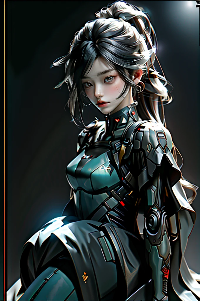 (best quality, 8k, highres, masterpiece:1.2), ultra-detailed, (realistic:1.37), (A half-length photo), (portrait), Unreal Engine 5 rendering works, (Future girl), (female warrior), 22-year-old young hacker, (ancient oriental hairstyle), (Beautiful eyes full of details), (big breasts), eye shadow, Elegant and charming, indifferent, (frown), Combat suit full of futuristic technology, The costume combines futuristic power armor and, Clothing is decorated with glittering patterns and emblems, cyberpunk characters, in the style of futuristic, photo poses, city background, lamp, Ray tracing, Game CG, (3D Unreal Engine), OC rendering reflection pattern