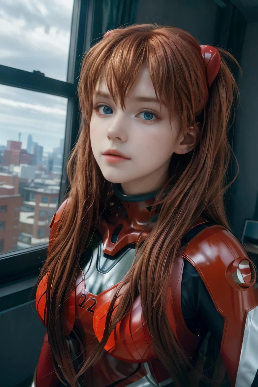 4K, 8K, (Masterpiece, best quality:1.2), blue eyes, perfect face, cosplay, professional photo, photo, photorealism, modelshoot style, portrait of shirogane, red plugsuit, feminine, bedroom, bed, sheets, window, plants, upper body, face shot