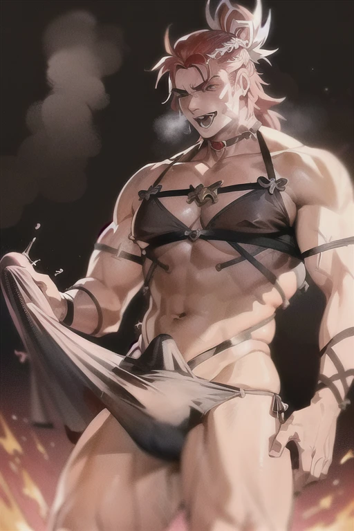 wilnas, granblue fantasy, (masterpiece:1.5), (best quality:1.5), (high quality:1.5), (solo:1.27), (muscular male:1.27), (bara:1.27), satisfaction, happy, pleasure, (dynamic angle:1.21),(dynamic hair:1.27),(detailed pupils:1.21),looking at viewer, (dynamic pose:1.15), (beautiful detailed hands:1.21), illustration, (cinematic light:1.15), ultra detailed, (disheveled hair:1.34), (large pectorals:1.3), pectoral cleavage, sidepec, (abs:1.3), (thighs:1.3), (bulky:1.2), novel_illustration, anime_screencap, (valentine:1.4), (apron:1.3), cooking flaming, chocolate, (see-through, micro lingerie white:1.5), flaming sword, explosion, male focus, fire, fiery wings, fiery hair, flame, pyrokinesis, breathing fire, (erection under clothes:1.5), (from below:1.2),(8K:1.2),