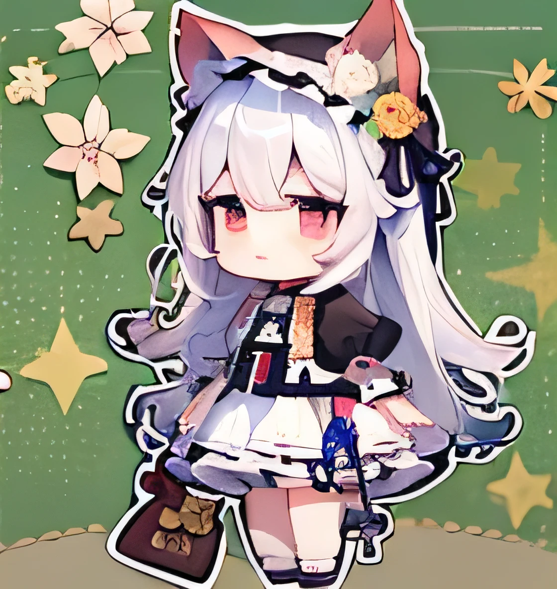 ((background is white、1 body、1 person:1.5))SD character、deformed、2d character、anime character、chibi character、Large, clear red eyes、Black Lolita Gothic Top、、Cat ear、silver hair、full body shot、Short leg、(超Short leg:1.4)、