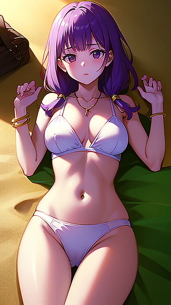 masterpiece, best quality, 1 solo girl, purple hair, purple eyes, long hair, medium breasts, sexy body and face, wavy hair, white bikini, jewelry, bracelet, necklace, summer, beach, lying at the sand, sexy pose, cowboy shots, detailed body, face, and eyes, sharp focus, vibrant, creative, dynamic, high definition, high resolution, 8k, (Upscale: R-ESRGAN 4x+ Anime6mage enchance:4x), voluptuous body, cinema lightning, dakimakura style,