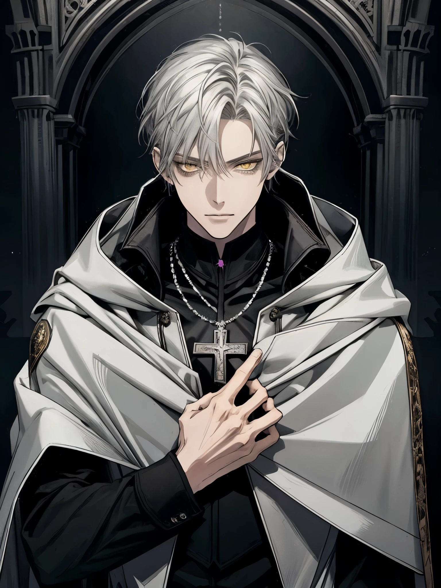 (masterpiece, best quality), alone, 1 male, aldult, Mature, tall muscular man, Dark Theme, Detailed eyes and detailed face, intricate details, fantasy, short hair, silver hair, yellow eyes, Black cape with cape and hood, silver cross necklace, Black shirt, middle Ages, dark background, ruins