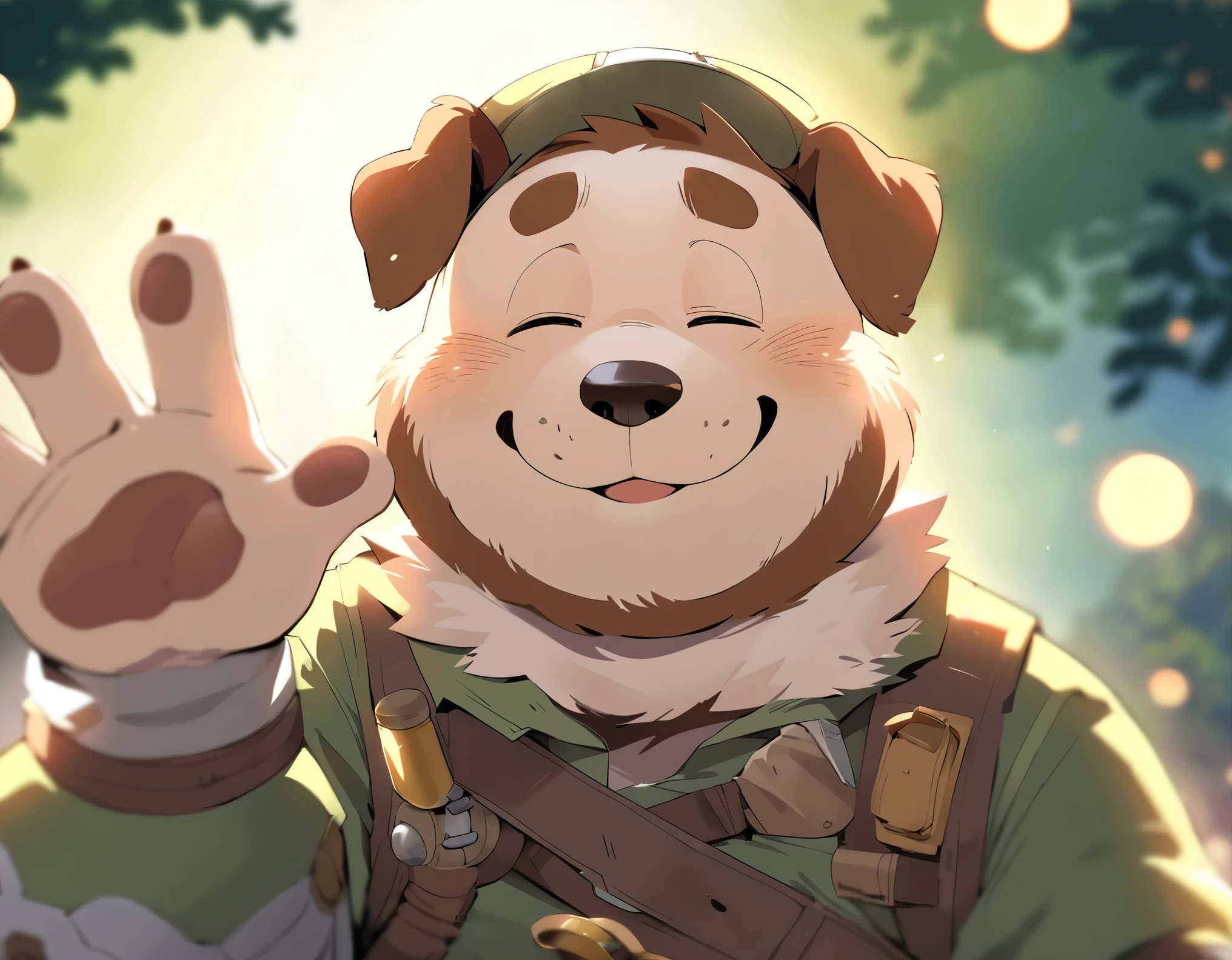 anthro, kemono, male, solo, ((round face, very plump face, thick beard)), ((endomorph body type, old-aged)), ((adventure costume:1.5)), ((domestic dog, dog) fluffy fur, fluffy), (at lawn hills), (evening), ((say goodbye to viewer, waving his hand to viewer)), (particle lighting:0.4), bokeh, (high quality, highres, masterpiece), (dynamic lighting, vivid color), (generous smile, lift-eyebrow), (((closed eyes))), memorable wholesome scene, close up, cartoon, (upperbody, face focus)