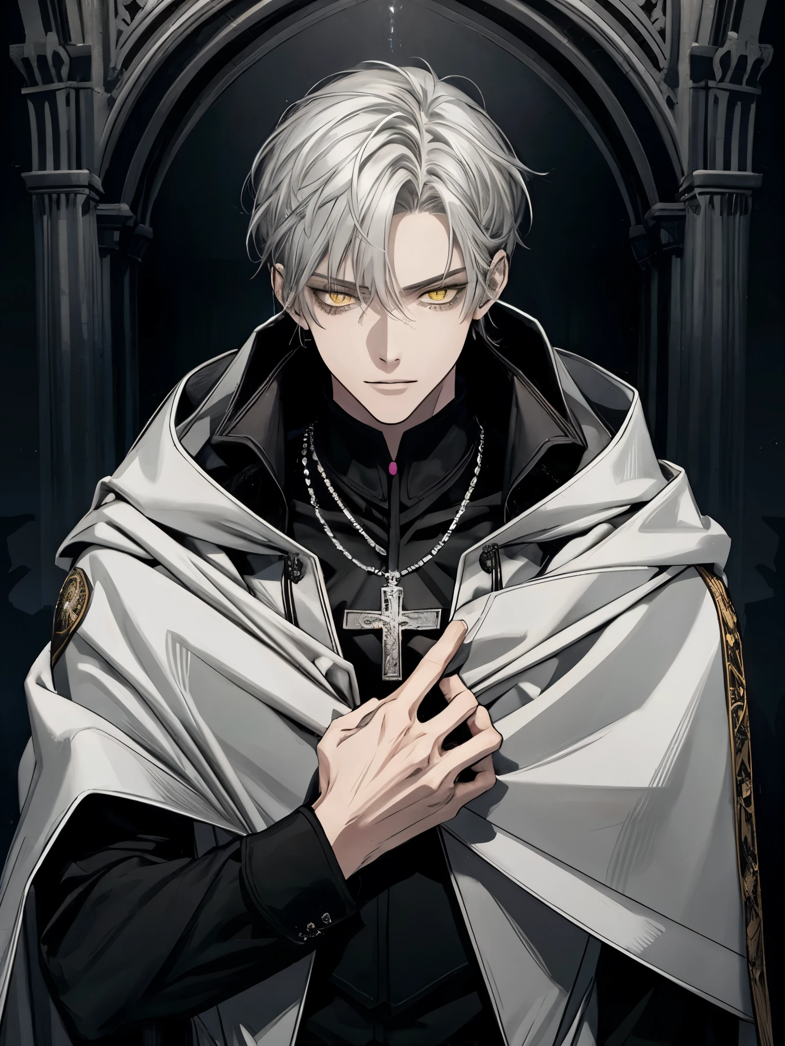 (masterpiece, best quality), alone, 1 male, aldult, Mature, tall muscular man, Dark Theme, Detailed eyes and detailed face, intricate details, fantasy, short hair, silver hair, yellow eyes, Black cape with cape and hood, silver cross necklace, Black shirt, middle Ages, dark background, ruins