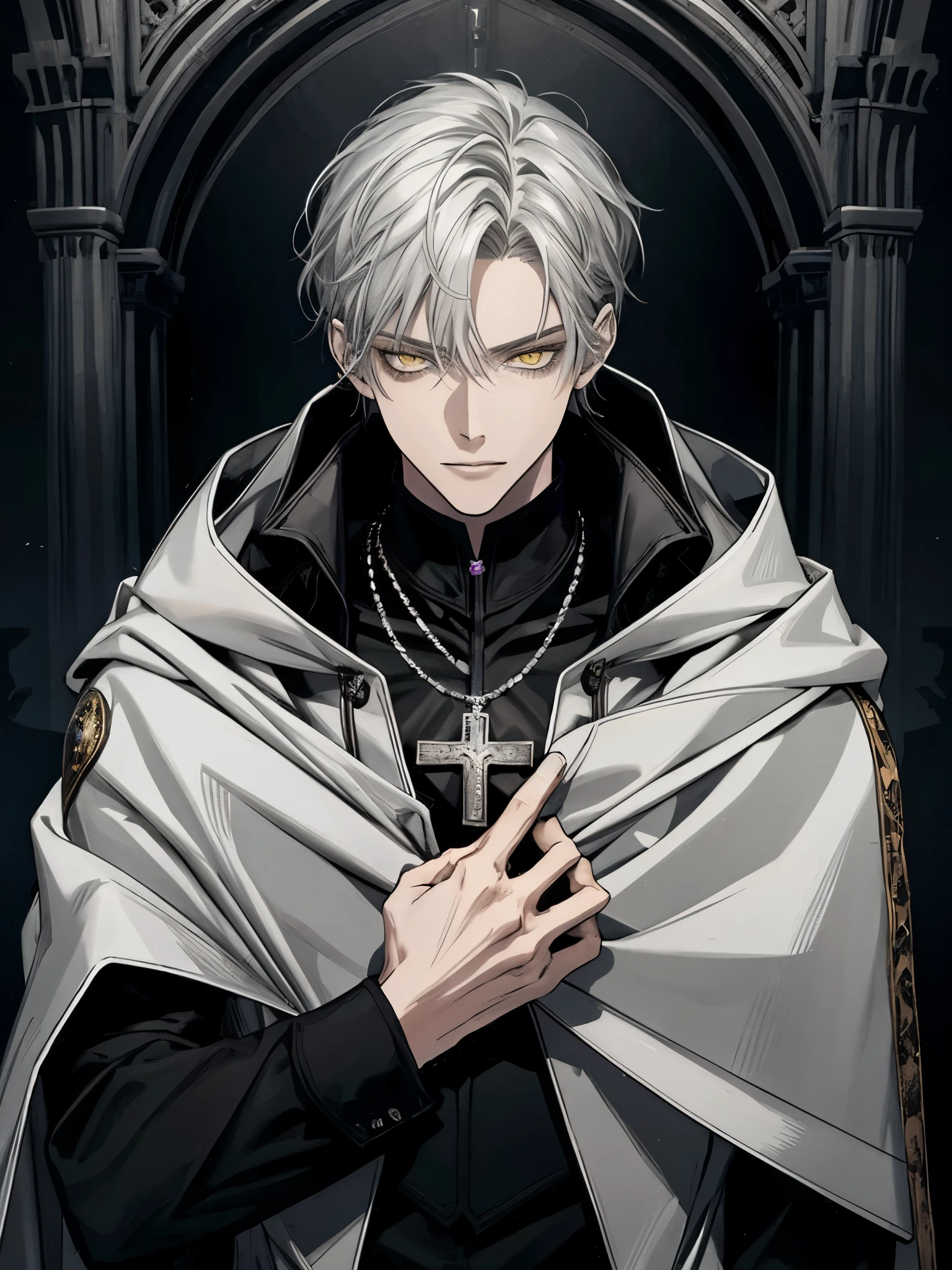 (masterpiece, best quality), alone, 1 male, aldult, Mature, tall muscular man, Dark Theme, Detailed eyes and detailed face, intricate details, fantasy, short hair, silver hair, yellow eyes, Black cape with cape and hood, silver cross necklace, Black shirt, middle Ages, dark background, ruins
