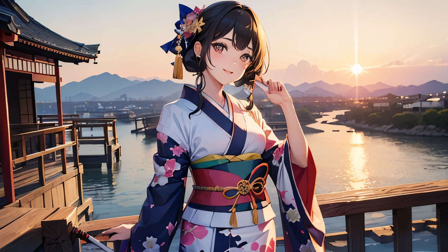 (((highest quality, 8K, masterpiece))), Sharp focus, (beautiful woman with perfect figure), thin, (Hairstyle: superior)), ((kimono: cane)), street: 1.2 非常に詳細な顔と肌の質感詳細な目double eyelidランダムな姿勢, (smile),ssuperiorer cute Japan person,ssuperiorer beauty Japanese girl, Realistic Face, double eyelid,smile,Summer festival , at sunset ,Fireworks Background.