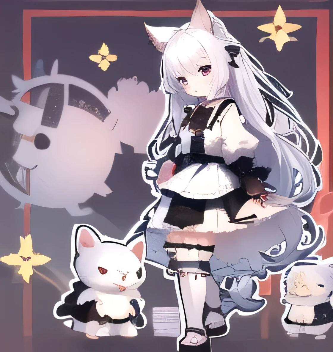 ((background is white、1 body、1 person:1.5))SD character、deformed、2d character、anime character、chibi character、Large, clear red eyes、Black ****ta Gothic Top、、Cat ear、silver hair、full body shot、Short leg、(超Short leg:1.4)、