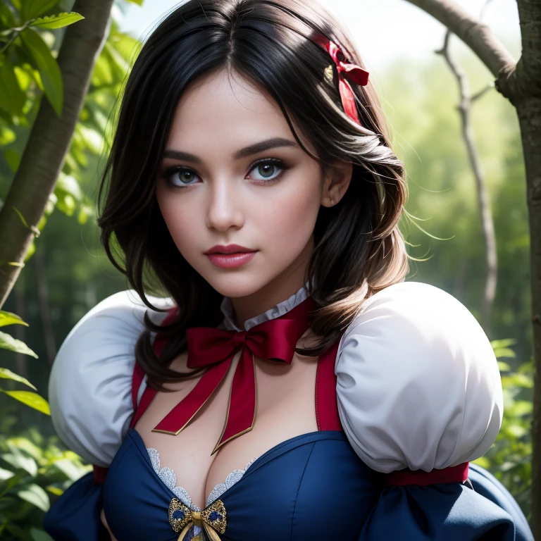 Masterpiece, best quality, detailed face, Snow White, long blue dress with white collar, blue and puffy sleeves with red slashing, yellow skirt, laced petticoat, high-heeled shoes with a bow-like ribbon on each of them, red ribbon on her hair, black hair, looking at viewer, sexy smirk, in a forest, close up