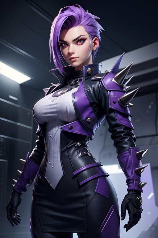 Reporter woman with spiky violet hair and white cyber eyes dressed in military clothing.