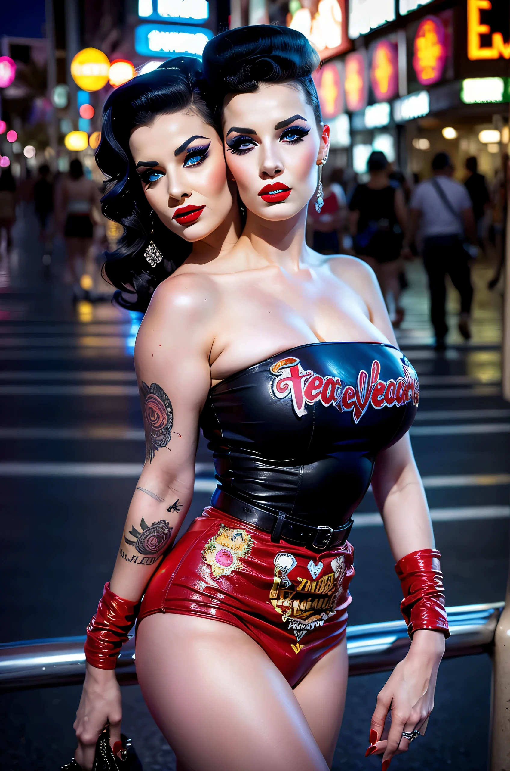 2heads, two-headed woman, age 24, gorgeous white girl, rockabilly fashion, pretty makeup, on the Las Vegas strip, four arms,