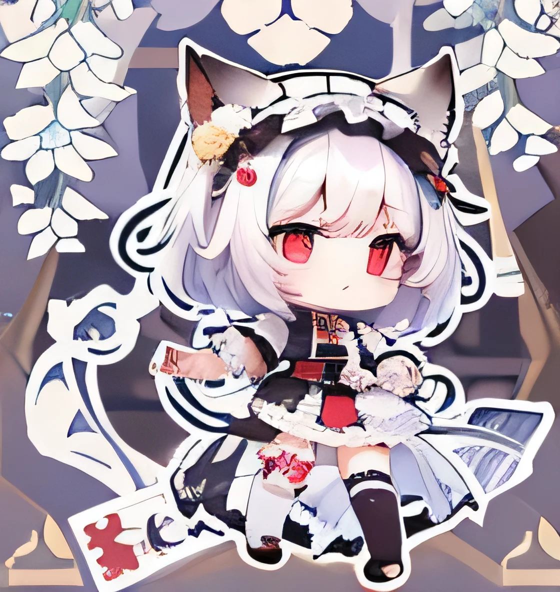 1 person、SD character、deformed、2d character、anime character、chibi character、Large, clear red eyes、Black Lolita Gothic Top、、Cat ear、silver hair、full body shot、Short leg、(超Short leg)