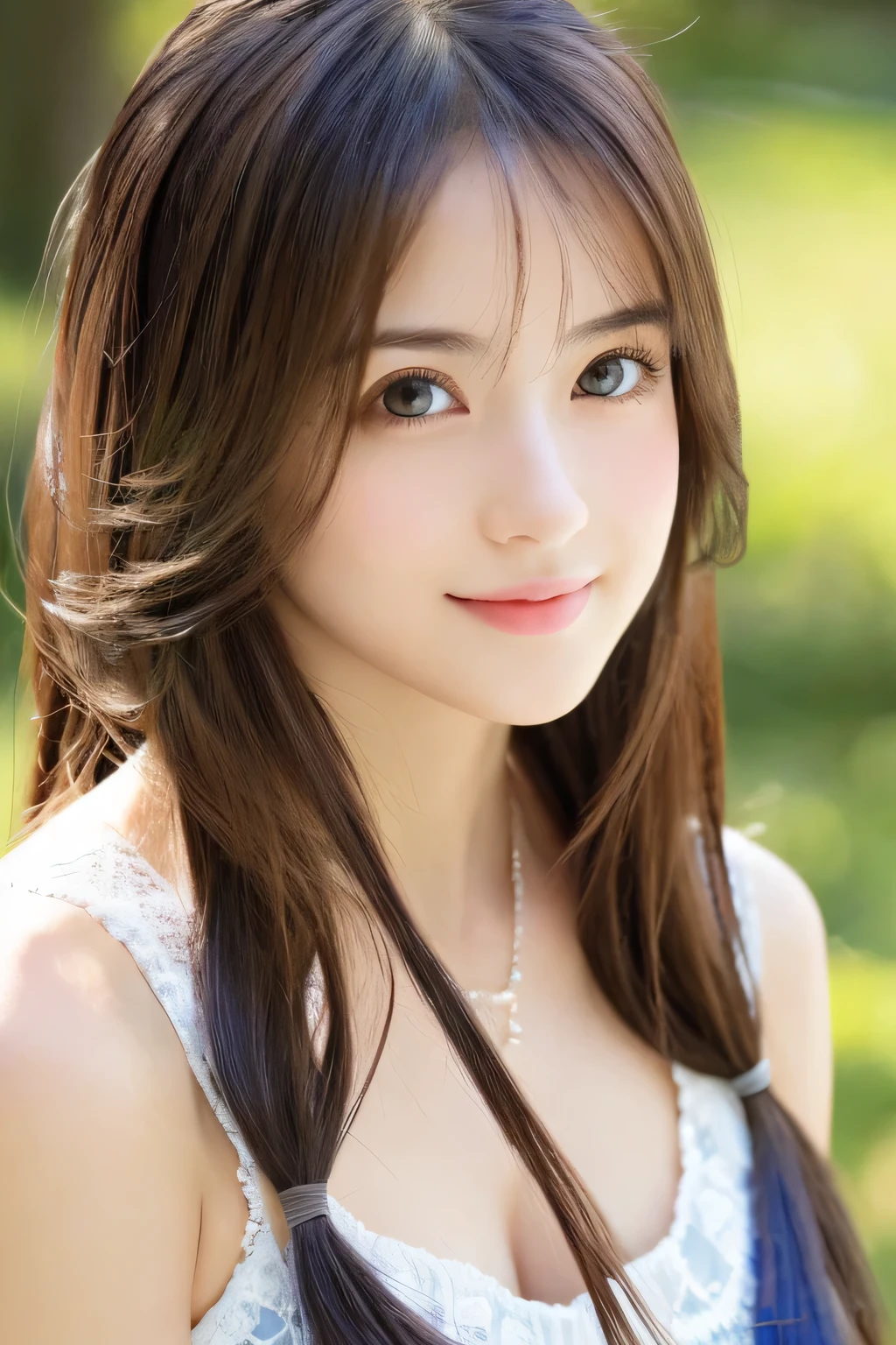 (((32k,high details,high detail、masterpiece,attention to detail,alone))),Raw photo & realistic atmosphere,beautiful dark blue eyes,detailed mouth,glossy lips,thin eyebrows,fine eyes、Soft white skin that shines in every detail、her deep black eyes are so beautiful,Lip details、very beautiful face,very well-groomed face、lifelike face,Beautiful, shining lips,beautiful eyebrows,infinite reality, Realistic young gravure idol,she'she'she'she'she'very cute woman , young gravure idol, young gravure idol, Very beautiful and cute Beautiful 21 year old girl,Incredibly beautiful and elegant,Beautiful 21 year old girl,natural soft light,(shiny hair,,Beautiful and kind eyes:1.5),gentle smile,well-shaped chest,medium long hair,Tying up hair,Beautiful posture,no makeup,look ahead,