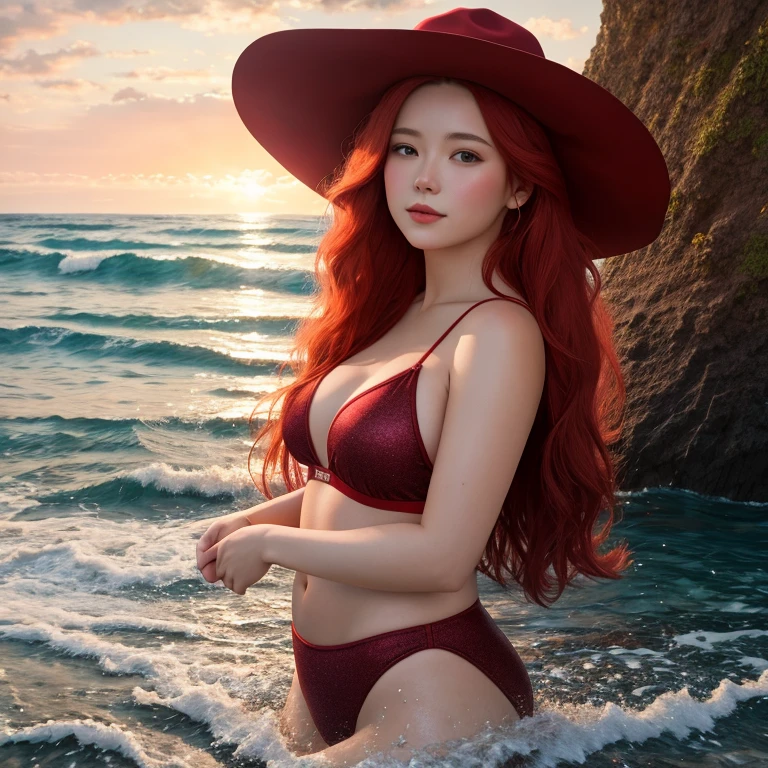 oil painting,on the ocean shore, a young woman with long red hair in a hat, guipure swimsuit, burgundy, everything is flooded with sunlight, sparkles are scattered, 30mm lens, 1/250s, high resolution, hyper-detailed, drawing details