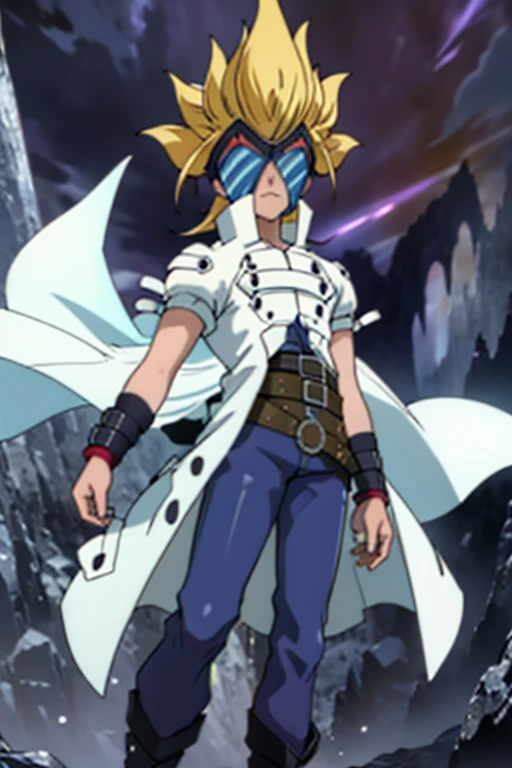 Masquerade wears a purple and blue visor mask probably made of glass (parece funcionar como un Bakupod). He also wears a white cape-type coat.. Se abotona mediante tiras en el pecho pero hacia la cintura se desabrocha. En la cintura si te fijas bien, puedes ver parte de una camisa azul y dos cruces algo que parecen ir juntos. Debajo de la chaqueta, hay lo que parece ser una armadura en la parte superior del pecho de Masquerade. Viste jeans morados con tres cinturones. The belt has a circular buckle. He had blonde hair combed up.. Masquerade also wears boots with small heels at the bottom. These boots also have straps and buckles.