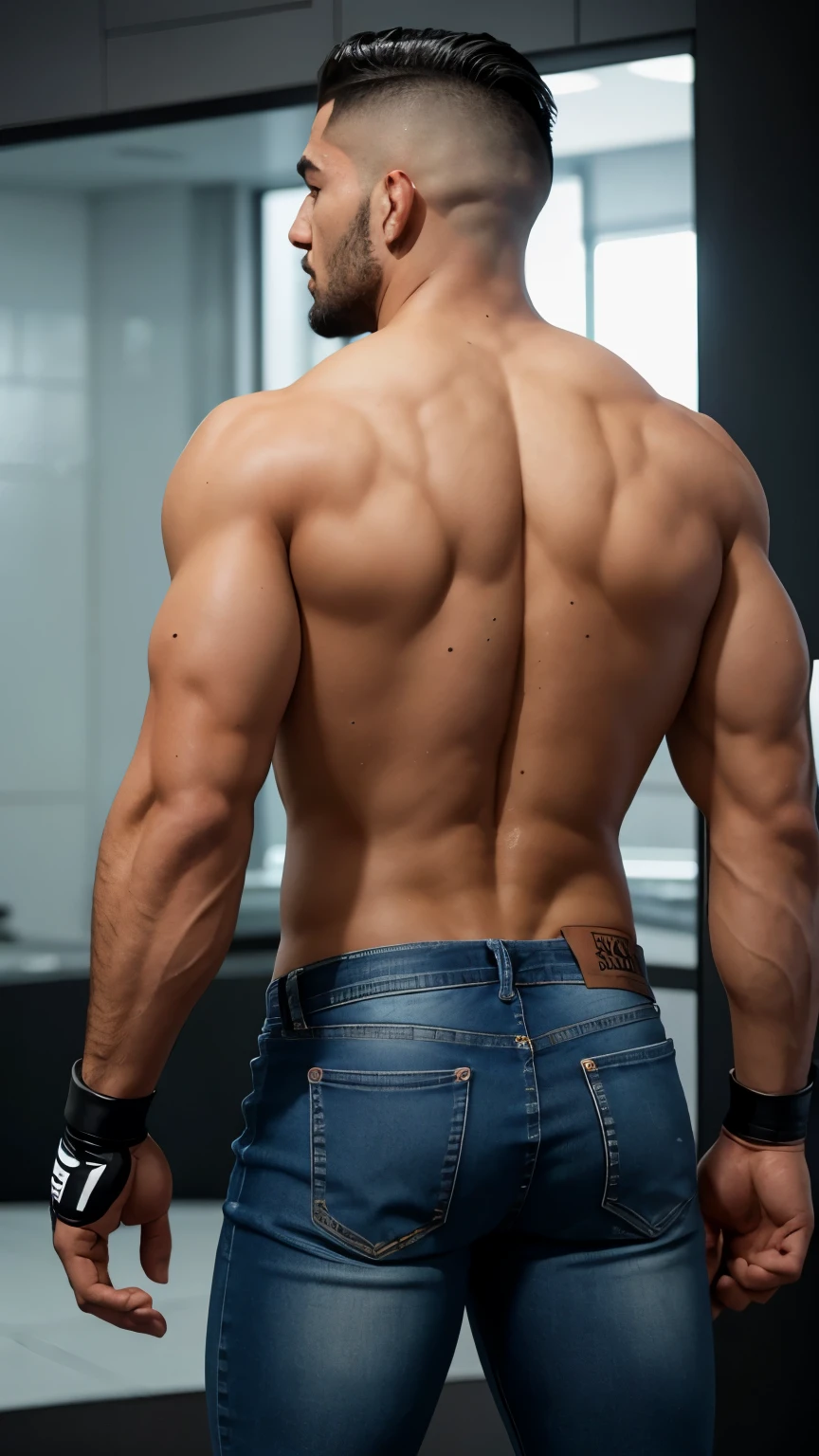 Richard: universo UFC, un hombre, muscular and buttock, usando guantes de mma, combatiente, cabello corto peinado hacia un lado, jeans ajustados, backside