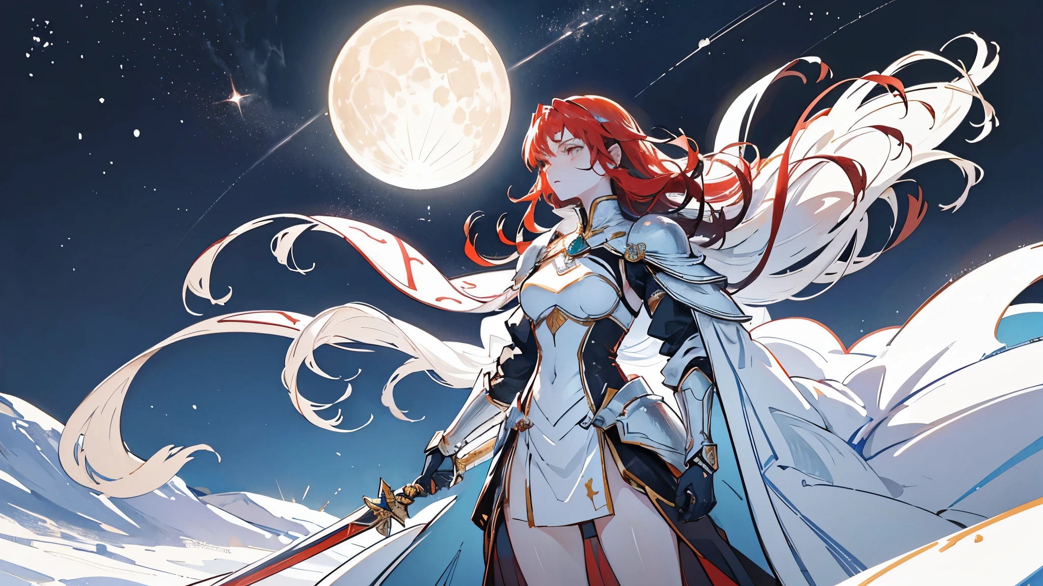 he image depicts a stunning scene of a lunar landscape, where the silver light of the moon gently bathes the rugged and barren surface. In the foreground, a female figure stands out against the lunar backdrop, exuding an aura of bravery and determination. The red-haired swordswoman stands in a powerful pose, holding a gleaming sword in one hand. Her red hair billows in the lunar breeze as she gazes steadfastly at the lunar horizon with a serious expression, her eyes shining with the intensity of a determined warrior. She wears sleek armor adorned with intricate details and mysterious engravings that seem to echo the secrets of outer space. Her posture conveys confidence and fearlessness, as if she is ready to face any challenge the cosmos might throw her way. In the background, lunar mountains stretch to the horizon, creating a breathtaking and desolate landscape. The sky is dotted with twinkling stars, casting a magical glow over the scene and further enhancing the imposing presence of the red-haired swordswoman. In this intriguing image, the combination of lunar beauty with the determination of the red-haired swordswoman creates an atmosphere of mystery and adventure, inviting the viewer to imagine the stories and challenges that await this fearless warrior under the moonlight, 2k.