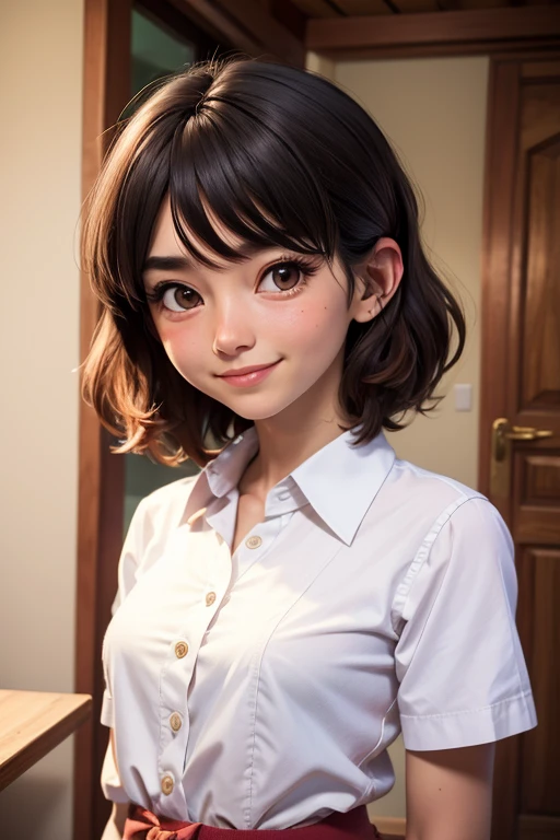 obra maestra, of the highest quality, Mejor calidad, 1 chica, solo, mirando al espectador, , rin tezuka, (amputado sin brazos:1.2), By the chestnut, Cuello, Cuelloed camisa, (doble amputado:1.2), ojos verdes, katawa shoujo, corbata roja, camisa, cabello corto, solo, white camisa,  lozhkin, sonrisa, dientes precisos con huecos 