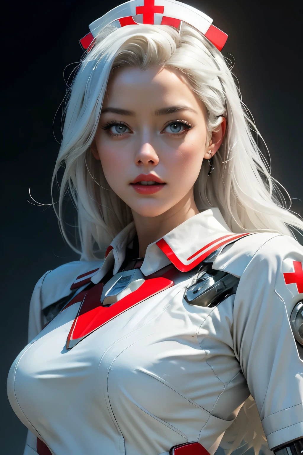 AMBER HEARD,When you were a young woman,She wears red lipstick,white hair,wear a dress ((White hi-tech nurse uniform)) ,she wears a collar,((cybernetic body)),In the future world,amazing night,sci fi,city at night, realistic skin, incredible light, ultra realistic,complicated, Sharp focus, Ray Tracing, rtx, Professional photography, Masterpiece, very detailed, High quality, best quality, big breasts,She breast size is M cup, full body, she very sexy, she have perfect body, she so beautifully,She have good eyes,She is full of charm,close up,Heavy snow