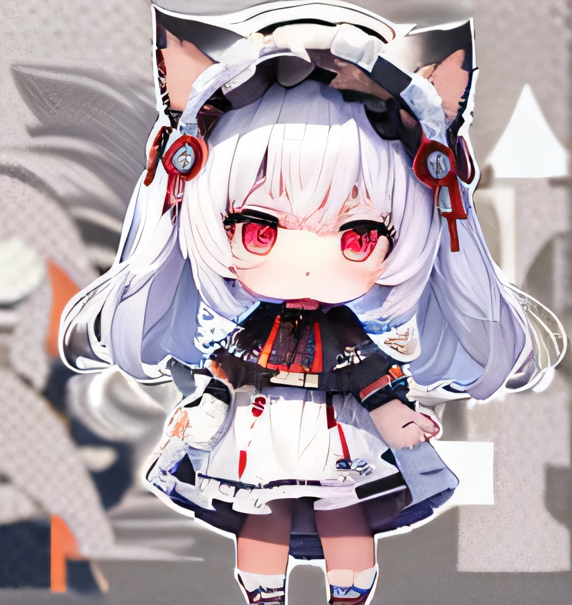 ((background is white、1 body、1 person:1.5))SD character、deformed、2d character、anime character、chibi character、Large, clear red eyes、Black Lolita Gothic Top、、Cat ear、silver hair、full body shot、Short leg、(超Short leg:1.4)、Background White