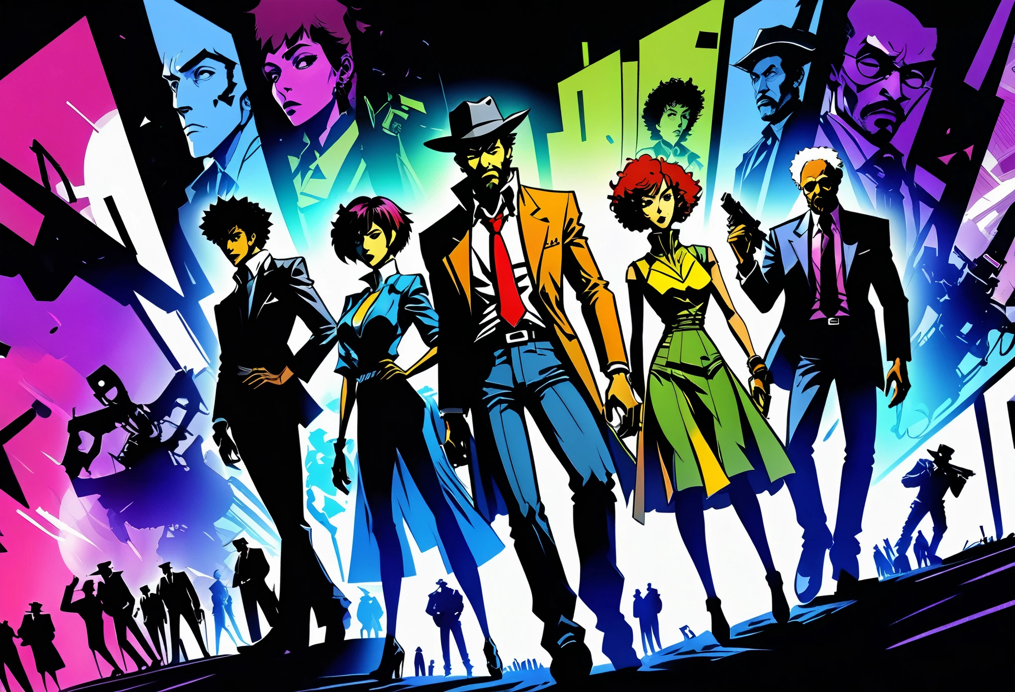 illustrate, cross hatching, dutch angle, hand drawn, expressive ink bold lines, joelle jones style reference, Cowboy Bebop cover art, wordless, splash page, decompressed comic, Duo dancing a vile stanky boogie, excessive exaggerated dancing, Jet Black and grim reaper claptrap black, from Cowboy Bebop blend with borderlands, rotoscope realism, multiple exposure, double exposure, cinematic poster, film poster, 
