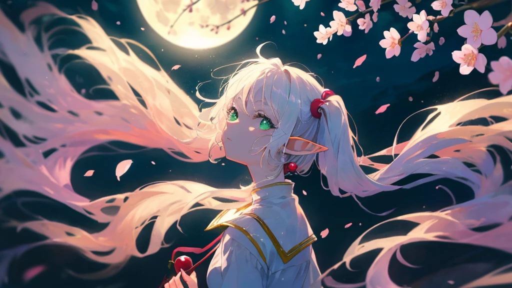 ((highest quality, super detailed woman:1.3))BREAK,(White hair,elfs ears,green eyes,shining eyes, absurdly long long twin tail:1.3),BREAK,body is Blue hair,BREAK,(landscape photography:1.2), (highly detailed background:1.2),(look up, cherry blossoms, cherry blossom,standing, midnight, moon:1.3),(1 girl,1 boy:1.3),from side,from above,expressionless,