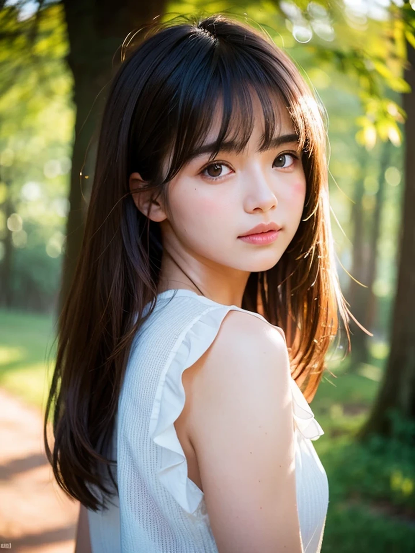 masterpiece, Best Quality, Raw photo, 8K, ultra-detailed face, 1girl, Close-up, Beautiful detailed skin, backlight, soft light, bashful, (shoot from front:1.2), sad, open your mouth to say something, Luminescent, Anatomically correct, Medium hair, bangs, hair blown by the wind, Eyes and faces with detailed, Textured skin, Professional Photography, Bokeh, Portrait, Professional Lighting, Solo, Cute, Girly, Film grain, silk blouse, outside, forest shining in the morning sun,