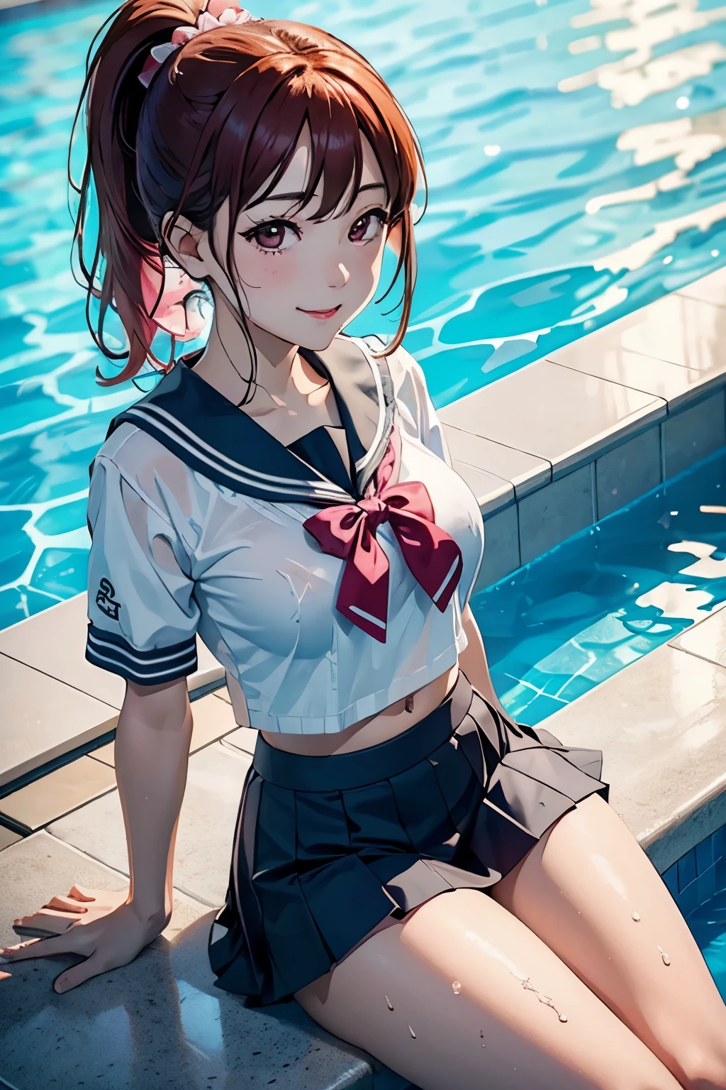 (best quality,4K,8K,High resolution,masterpiece:1.2), super detailed, Sitting by the pool,put your arms behind your back,Dip your knees in the pool water、Takami Chika, Sailor top, school skirt, abdomen,  With a slightly excited smile, , thigh, Cowboy shooting, ponytail, ,wet clothes, pink eyes ,big breasts 