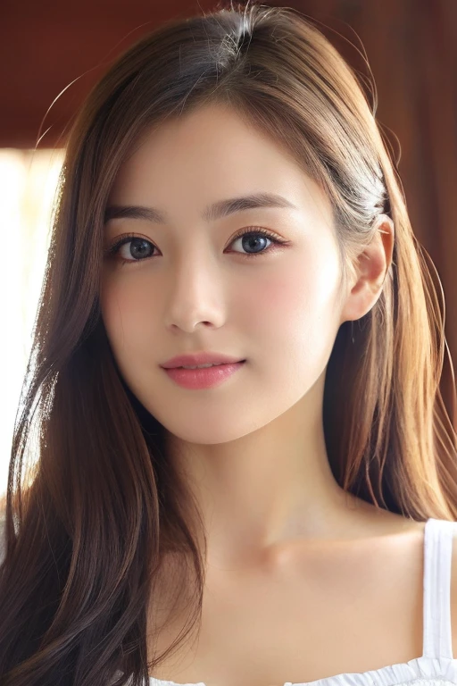 (((32ｋ,high details,high detail、masterpiece,attention to detail,alone))),Raw photo & realistic atmosphere,beautiful dark blue eyes,detailed mouth,glossy lips,thin eyebrows,fine eyes、Soft white skin that shines in every detail、sheの深い黒色の目はとても美しいです,Lip details、very beautiful face,very well-groomed face、lifelike face,Beautiful, shining lips,beautiful eyebrows,infinite reality, Realistic young gravure idol,she&#39;she&#39;she&#39;she&#39;she&#39;very cute woman , young gravure idol, young gravure idol, とても美しくてかわいいBeautiful 21 year old girl,Incredibly beautiful and elegant，Beautiful 21 year old girl,natural soft light,（shiny hair,,Beautiful and kind eyes：1.5）,gentle smile,well-shaped chest,medium long hair,Tying up hair,Beautiful posture,no makeup,look ahead,
