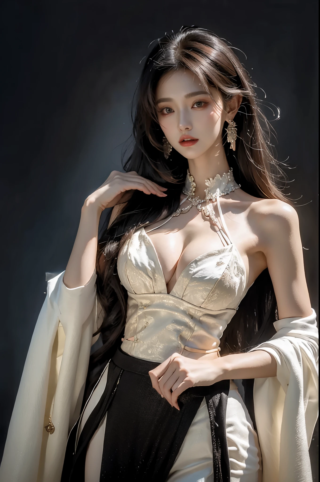 Beautiful woman with perfect body：1.4，layered hairstyle，Prominent cleavage：1.5，black clothes，Highly detailed facial and skin textures，double eyelids，whiten skin，long hair，Whitened long legs