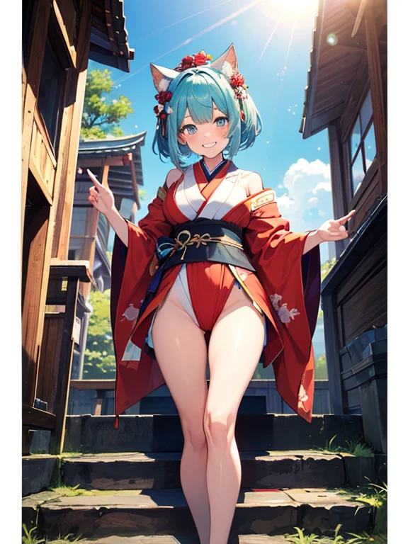 ((masterpiece)), ((highest quality)), (Super detailed), ((cute)), cute, (Lovely), ((sexy)), (device), ((very detailed)), 4k, (8K), highest quality, (beautiful), figure, anime style, painting, dynamic angle, full body, Full body Esbian, look up from below, small shrine in japan, Sit on the steps of the Japan chapel, (open your legs), Gradation, Whole body concentration, cute  s, 1 girl, alone, Japanese Shrine Maiden Costume, Hair of randomly selected colors, ランダムに選ばれたbeautiful色の目, ((beautiful eyes)), white skin, Randomly selected hairstyle, buttocks, Big breasts that look like they&#39;re about to burst, naughty face, (Grin), grin and laugh, (blush), Glitter effect, Lens flare, shiny, Shine