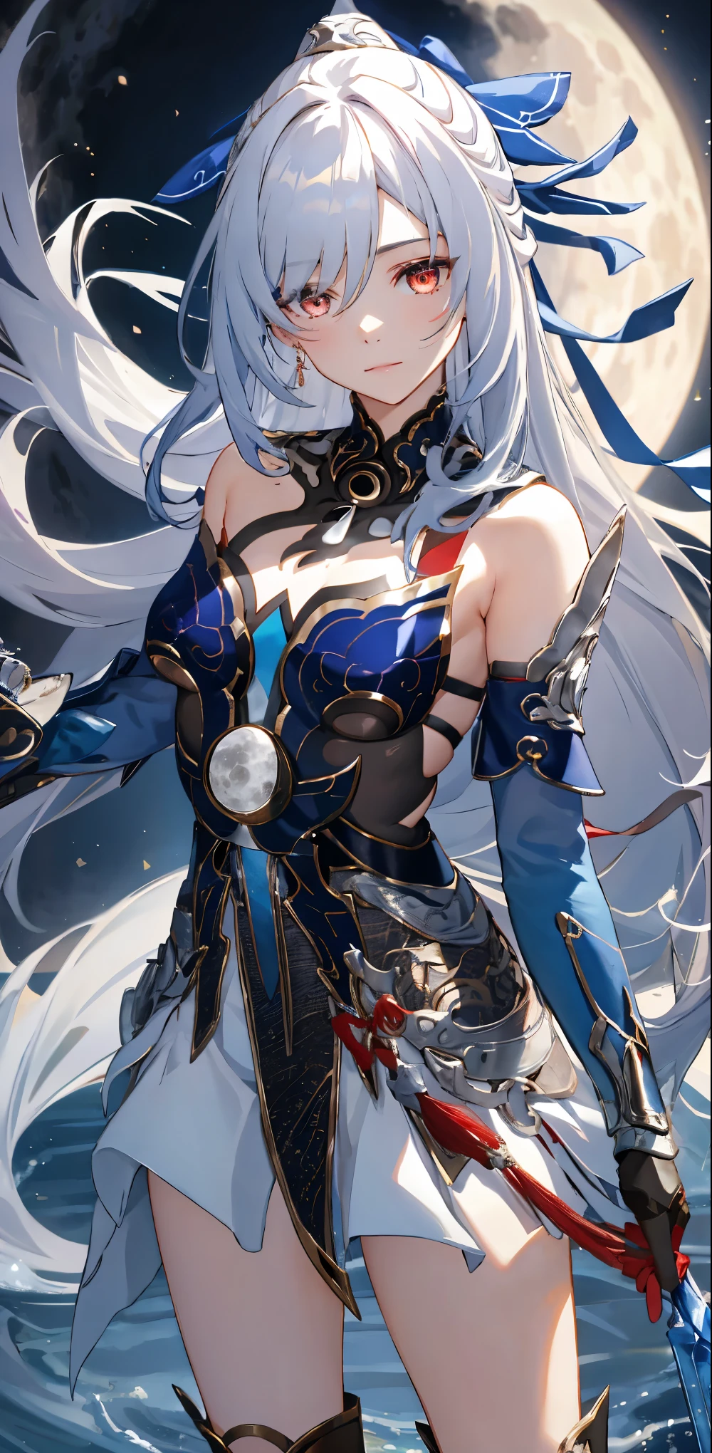 masterpiece, highest quality:1.2), One woman, alone, jingliu, jingliu\(honkaistarrail\), bluish-silver hair, Long Hair, Long Hair, Red Eyes ,Shiny skin, Very very huge breasts、Thick legs、Long legs、Bare legs、Are standing