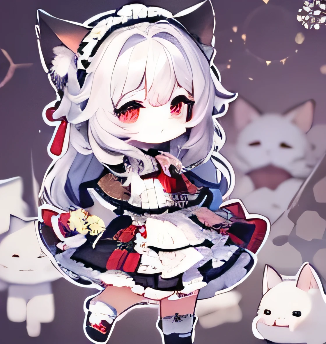 ((background is white、1 body、1 person:1.5))SD character、deformed、2d character、anime character、chibi character、Large, clear red eyes、Black ****ta Gothic Top、、Cat ear、silver hair、full body shot、Short leg、(超Short leg:1.4)、Background White