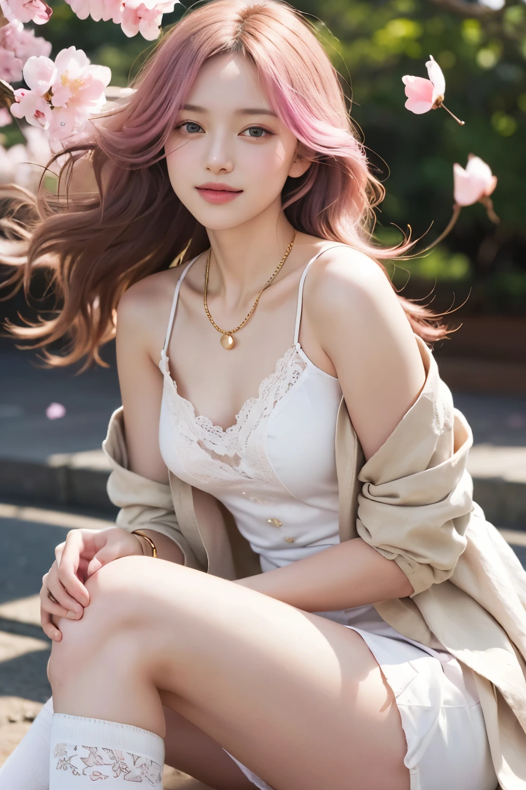 (8K, top-quality, masterpiece:1.2), (realistic, photorealistic:1.37), (super detailed:1.2), (one girl:1.5), (beautifully detailed eyes:1.2), (highest quality:1.2), (detailed face:1.2), (20yr old:1.2), (pink hair, long hair:1.2), (medium breasts:1.2), (clothed:1.2), (perfect lighting:1.2), (spring fashion:1.5), (pastel floral pattern:1.2), (lightweight linen:1.2), (light pink trench coat:1.3), (white lace camisole:1.4), (mint green knit top:1.3), (high-waisted flare skirt:1.3), (A-line silhouette:1.2), (lace trim:1.2), (pearl buttons:1.2), (knee-length white socks:1.2), (beige ballet flats:1.2), (simple gold chain necklace:1.2), (gold bangle:1.2), BRAKE, (upper body to knees composition:1.2), (relaxed natural atmosphere:1.2), (wind-swept pink long hair:1.3), (gentle smile:1.2), (natural standing pose:1.2), (sakura petals background:1.2), (soft morning light:1.2)