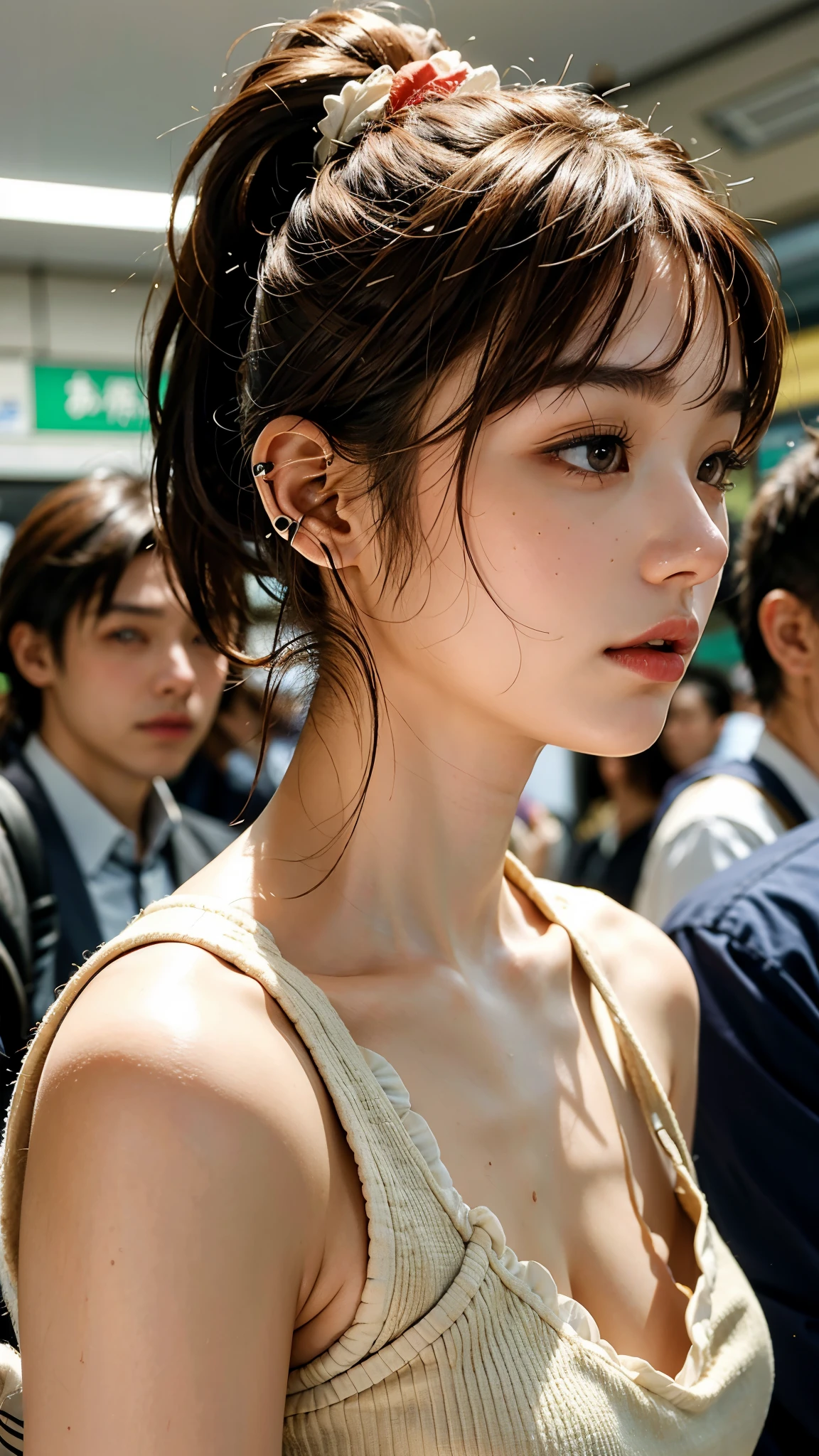 highest quality, masterpiece, ultra high resolution, (realistic:1.4), (Close profile portrait) Raw photo, 1 girl,20-year-old,((A crowded Yamanote Line train on a holiday)),((Wireless earphones in your ears)),((Staring at smartphone screen)),,((Asian Fashion)),messy hair,((Ponytail and scrunchie, chestnut-colored hair)),((Bangs short hair)),realistic,picture media chest)),