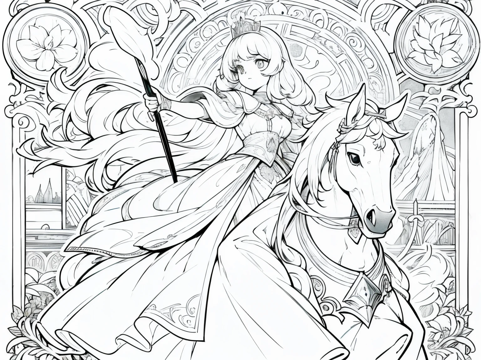 Please generate only the outline or stroke of this drawing so that I can use it in a coloring book: The beautiful princess knight with her white horse