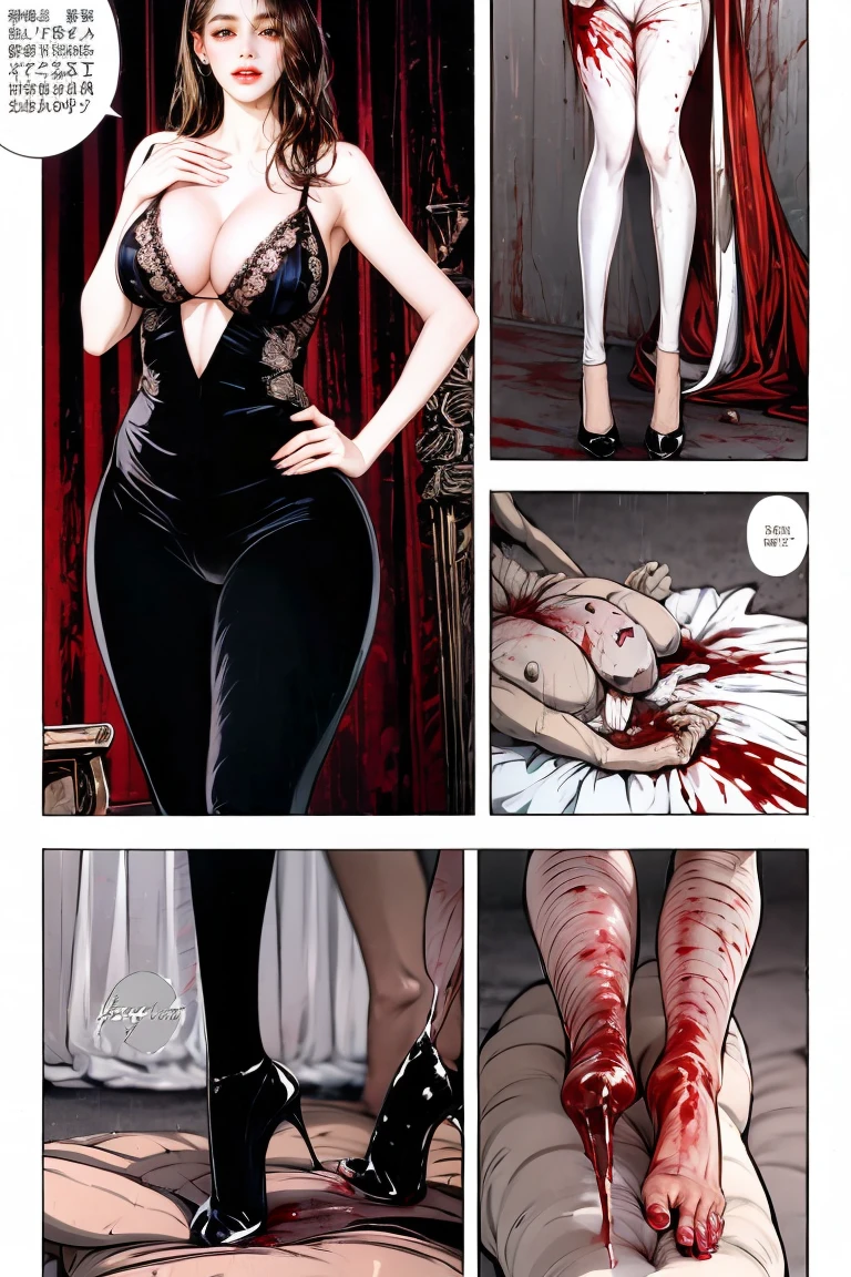comic storyboard,realistic,3d,Unreal Engine 5,skin texture,anatomically correct,1beautiful girl, long hair,smile,barefoot,lace top,sexy, shiny leggings, thin gap,camel toe,high heels,cleavage,crossed legs,large breasts,leg tattoo,long hair,smile,toenails,) standing,trample,cuts,defloration,indoor,couple,femdom,hetero,saliva , mucus,femdom,blood on clothes,blood on hands,blood splatter,open mouth,kneeling man,sit,trembling man,dead man,sit,bruise man,lying man,man cum,bleeding man,(masterpiece, best quality:1.2)