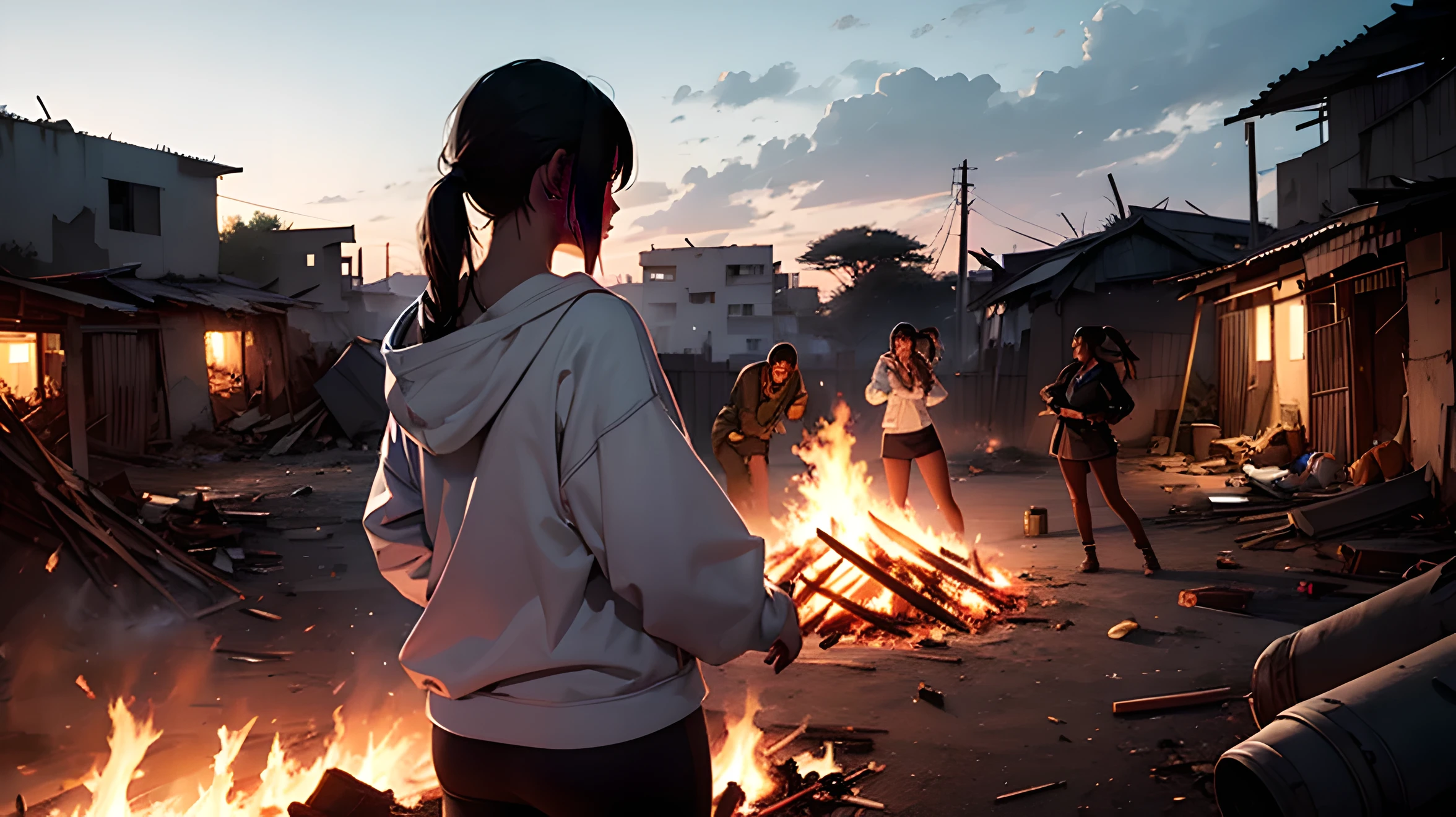Bonfire, battlefield, Africa, slum, cool woman, ruins, wearing white hoodie, dirty figure, long black hair, ponytail, bullet holes, gunshot,