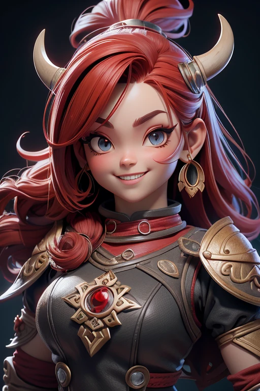Hermosa cabeza femenina vikinga, pelo rojo, disfraz de guerrera vikinga, en globo de nieve, sonrisa suave, Lindo retrato de cuerpo entero, figura esbelta de pie, Personaje de dibujos animados, personaje de pixar, medieval, Renderizado 3D, symatic lighting, Trazado de rayos. Rojo crujiente, luz radiante, bosque misteriosa, (la mejor calidad, 8K, high resolution, obra maestra:1.2), caprichoso.