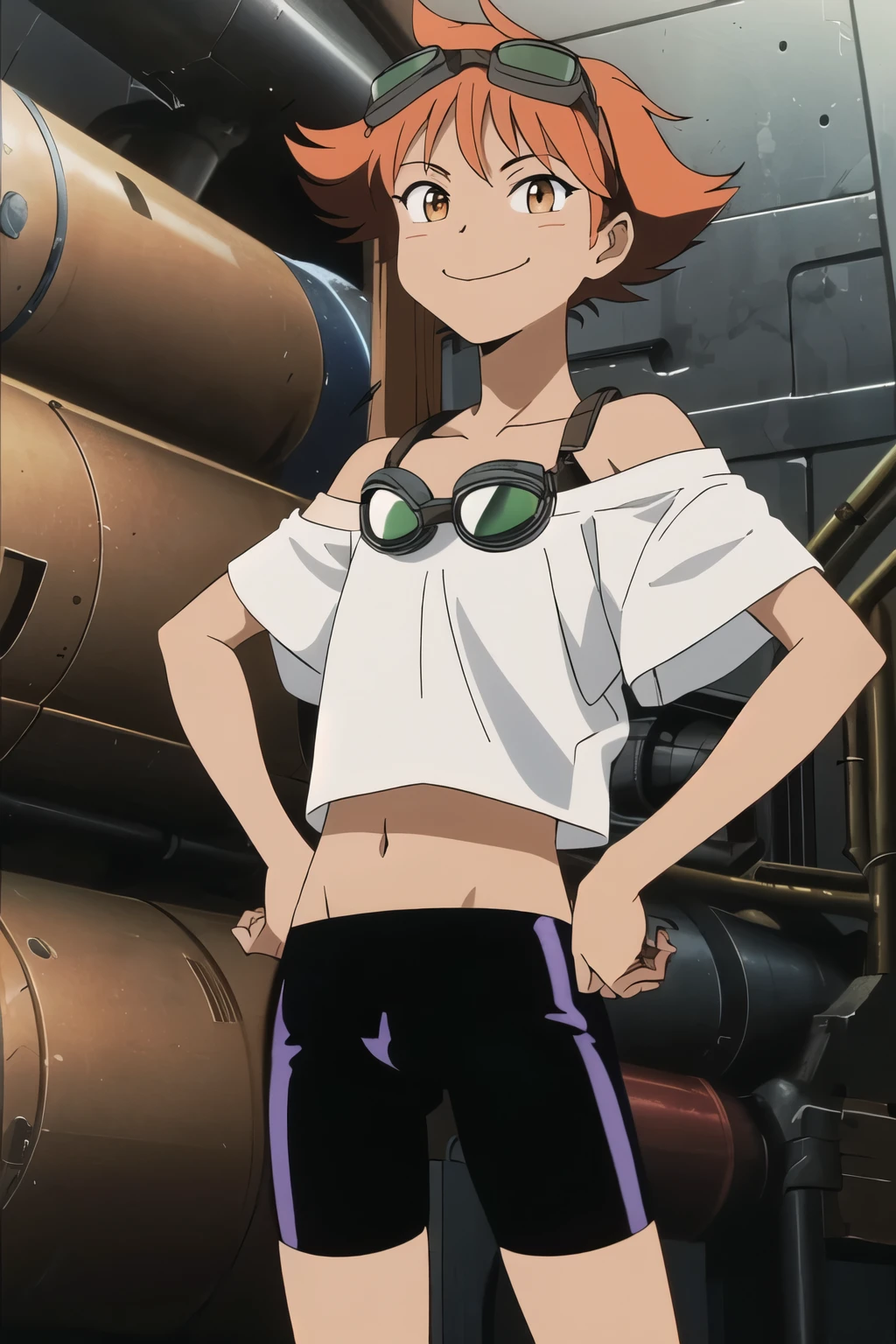 Edward, midriff, orange hair, (white loose shirt), off shoulder, bike shorts, brown eyes, goggles on head, smile, space station, engine room, hands on hips, standing, upper body, (insanely detailed, beautiful detailed face, masterpiece, best quality ,