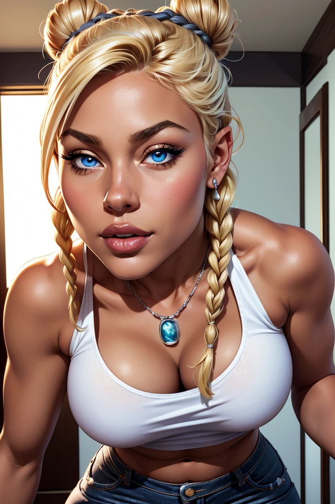 ((ultra quality)), ((tmasterpiece)), gnome girl, Short stature, ((blonde woman, hairlong, braided)), (silver ear rings), (silver necklace around the neck), (Beautiful cute face), (beautiful female lips), Charming, ((sexy facial expression)), is looking at the camera, eyes are slightly closed, (Skin color: white), Body glare, ((detailed beautiful female eyes)), ((dark blue eyes)), (juicy female lips), (beautiful female hands), (A bit full figure, bun), ((perfect female figure)), perfect female body, Beautiful waist, Gorgeous hips, Beautiful medium breasts, ((Subtle and beautiful)), seductively worth it (Rear view) (close-up of the face), (wearing blackface jeans, white tanktop) background: on the threshold of the house, Hot day, ((Depth of field)), ((high quality clear image)), (crisp details), ((higly detailed)), Realistic, Professional Photo Session, ((Clear Focus)), the anime
