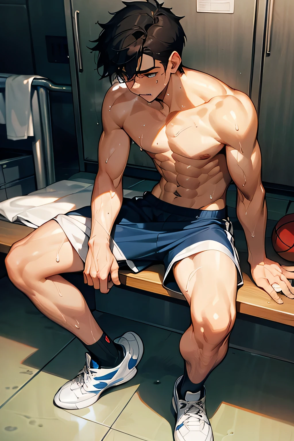 shirtless, super muscular, sweat-drenched body, dripping with sweat, 22-year old short black hair handsome caucasian male wearing sweat-drenched white basketball shorts and rubber shoes, panting, very exhausted, drenched with sweat, sweating profusely, shirtless, sitting on the bench, bottled water, towel, in the locker room