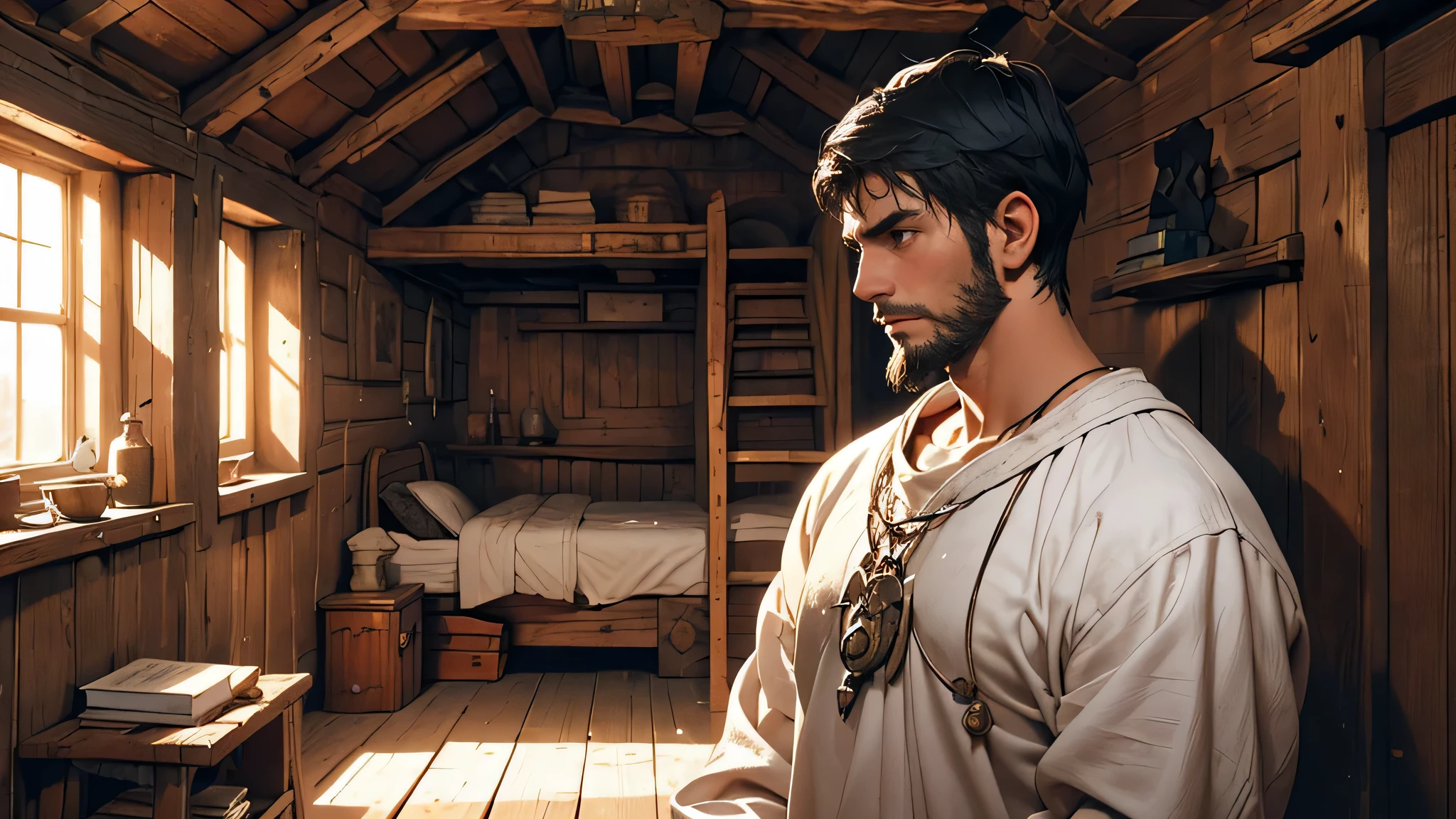 A illustrates a young man with black hair and a thin beard in tattered white clothes, pensive and sad with grief. prisoner, Imprisoned in a small ship cabin room, fantasy medieval theme, filled with sorrow and melancholy. Confined within the walls of a cramped medieval-style cabin, evoking a fantasy ambiance. Orientation in a square format for a focused composition.
