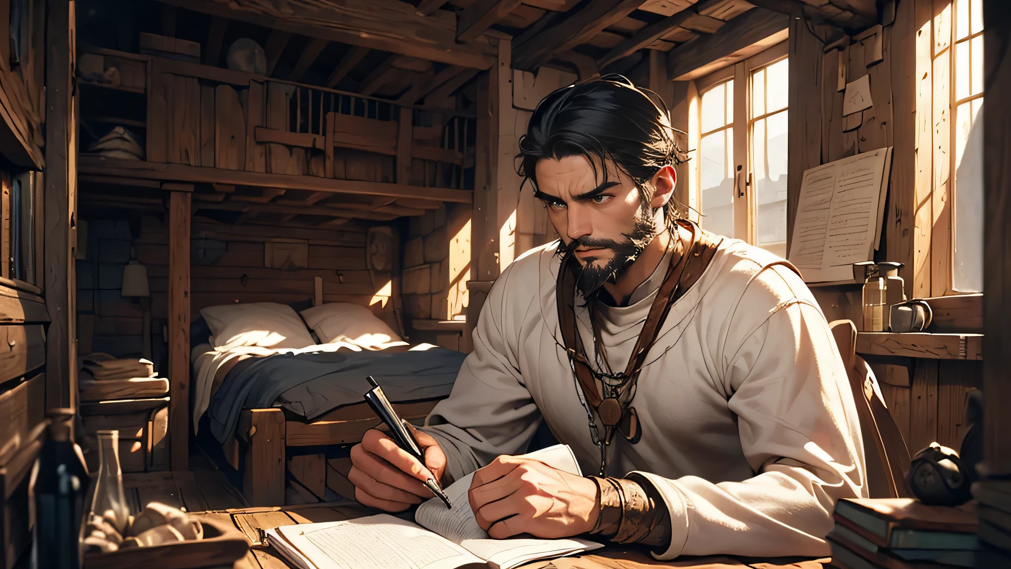 A illustrates a young man with black hair and a thin beard in tattered white clothes, pensive and sad with grief. prisoner, Imprisoned in a small ship cabin room, fantasy medieval theme, filled with sorrow and melancholy. Confined within the walls of a cramped medieval-style cabin, evoking a fantasy ambiance. Orientation in a square format for a focused composition.
