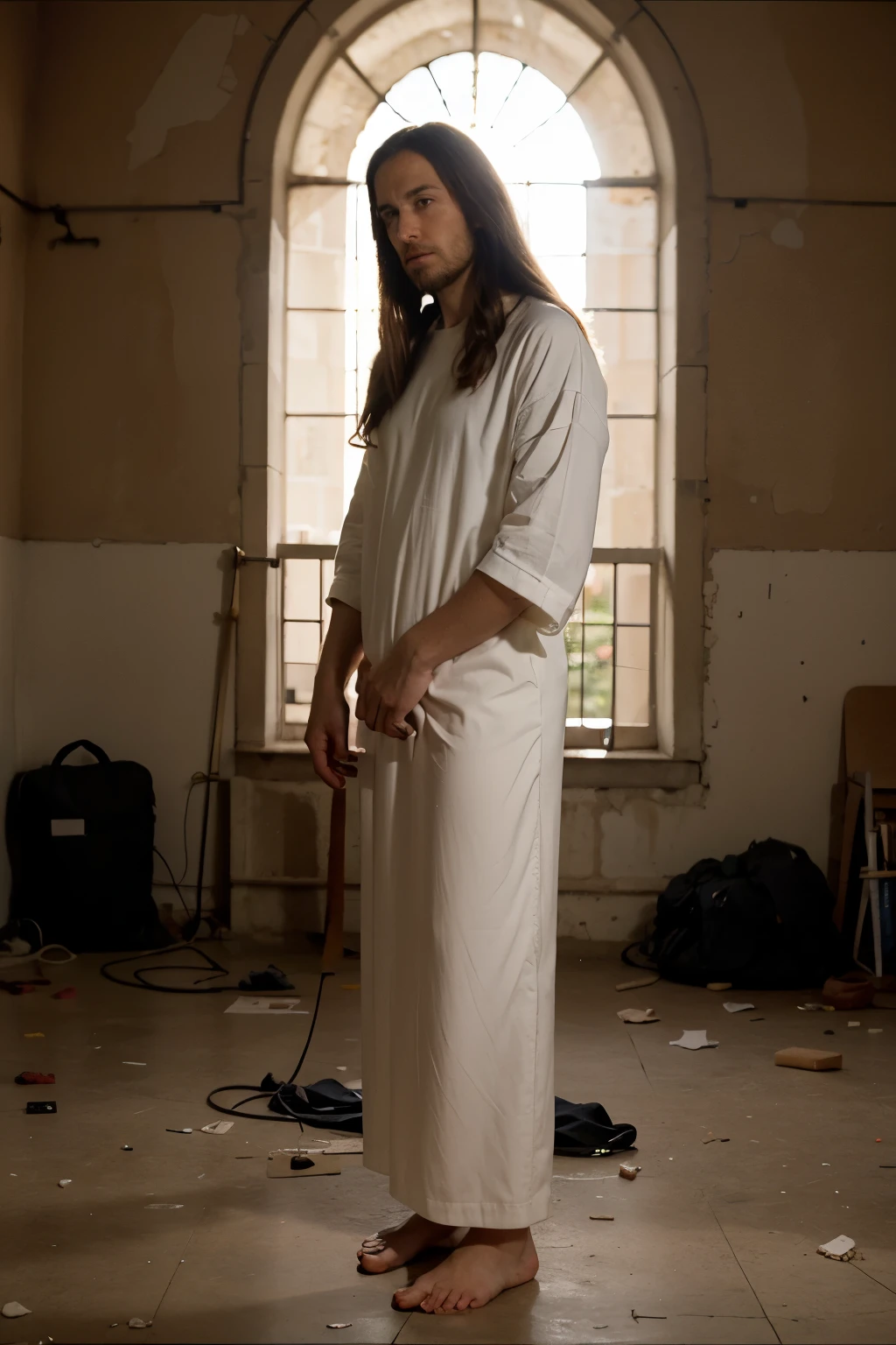 standing jesus christ fixes a broken vase